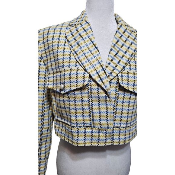 NWT ASOS yellow & blue short plaid cropped blazer with pearl accents size 8 - Picture 7 of 10